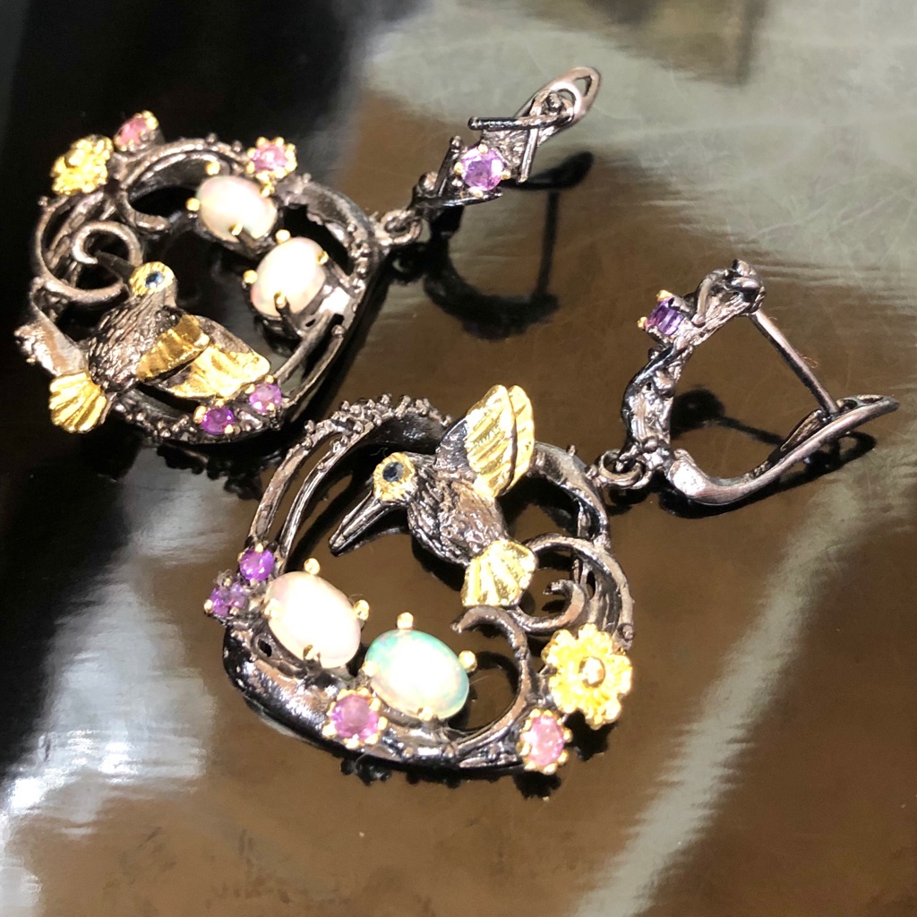 Precious Genuine Opal Amethyst Earrings